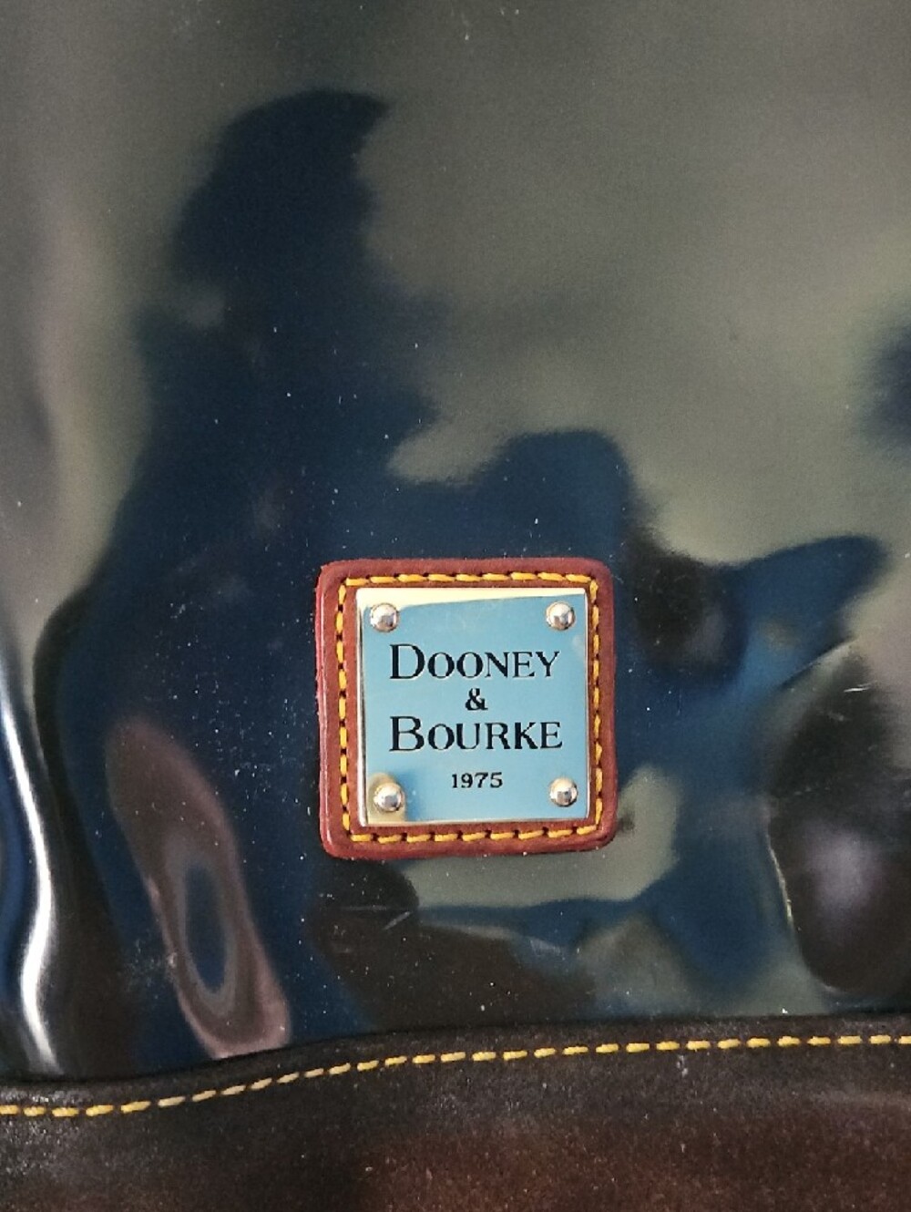Dooney & Bourke Black Patent Tote with Brown Trim and Handles - Picture 2 of 8